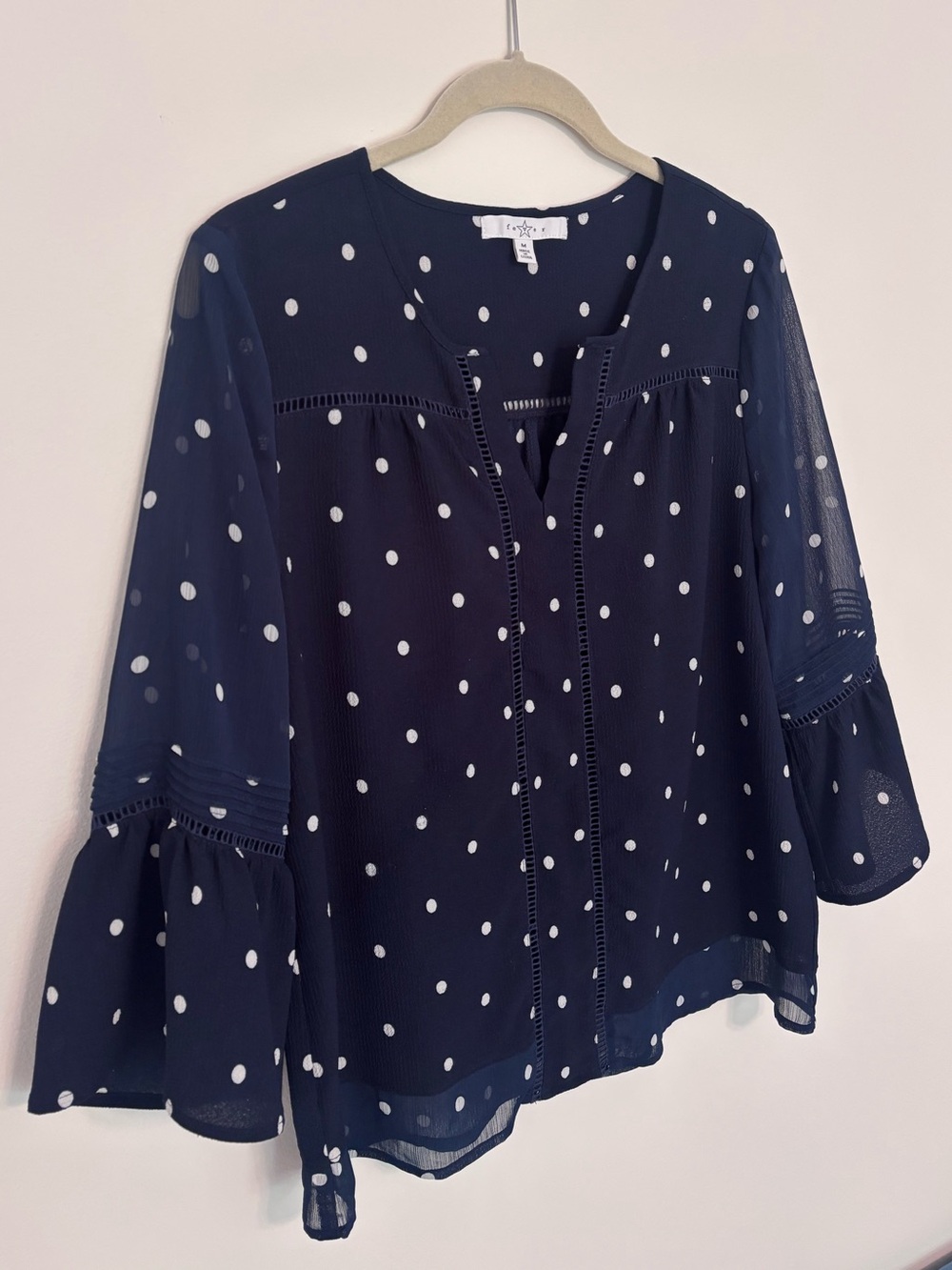 Fever Navy Polka Dot Blouse Office Career Boho Flowy M